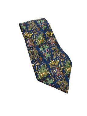 Salvatore Ferragamo Silk Blue Jungle Hunting Animal Whimsical Mens Necktie